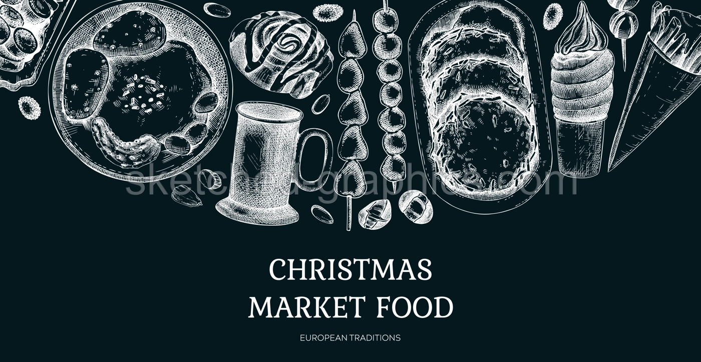 Traditional European Christmas market food banner. Fast food menu design elements. Vintage hand-drawn vector illustration. Pastry, sweets, grilled sausages, hot drinks sketches. Christmas on chalkboar Illustration